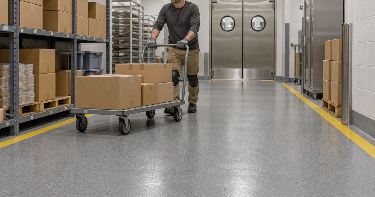 A stocking cart pushed across a new quartz-textured epoxy floor in the back room of a Waterloo grocery store.
