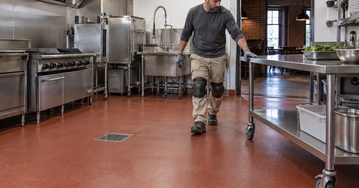 A urethane cement kitchen floor with a coved base and floor drain in a Waterloo restaurant, a prep table being rolled back into place.