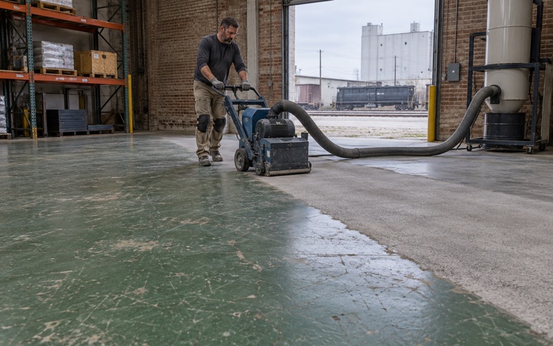 A walk-behind shot blaster opening up an old coated warehouse slab in Waterloo, the cleaned lane beside the worn coating.