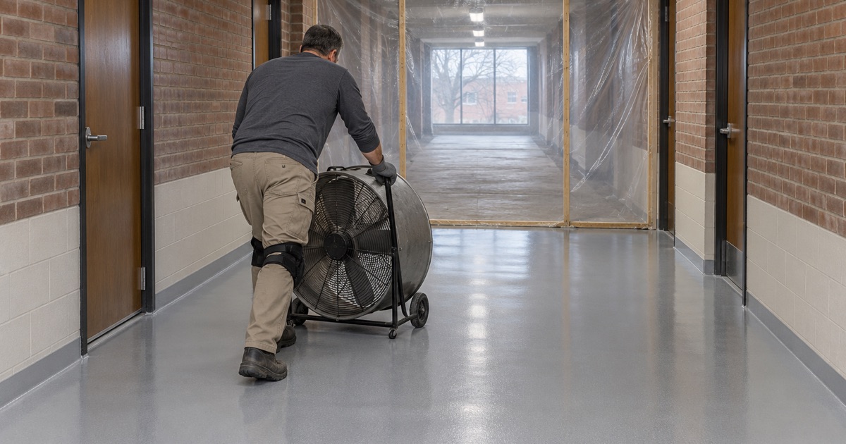 A newly coated corridor in an occupied Cedar Falls campus building, the next phase closed off behind a temporary plastic wall.