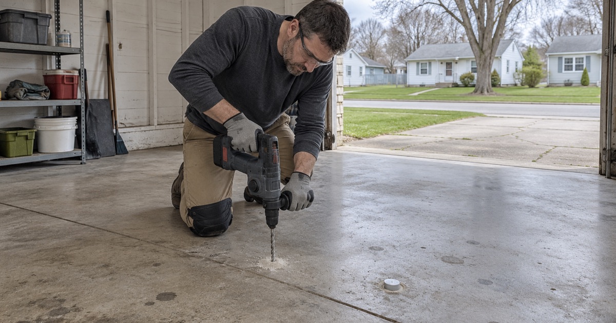 An RH probe hole being drilled into a postwar Evansdale garage slab to test moisture before any coating is chosen.