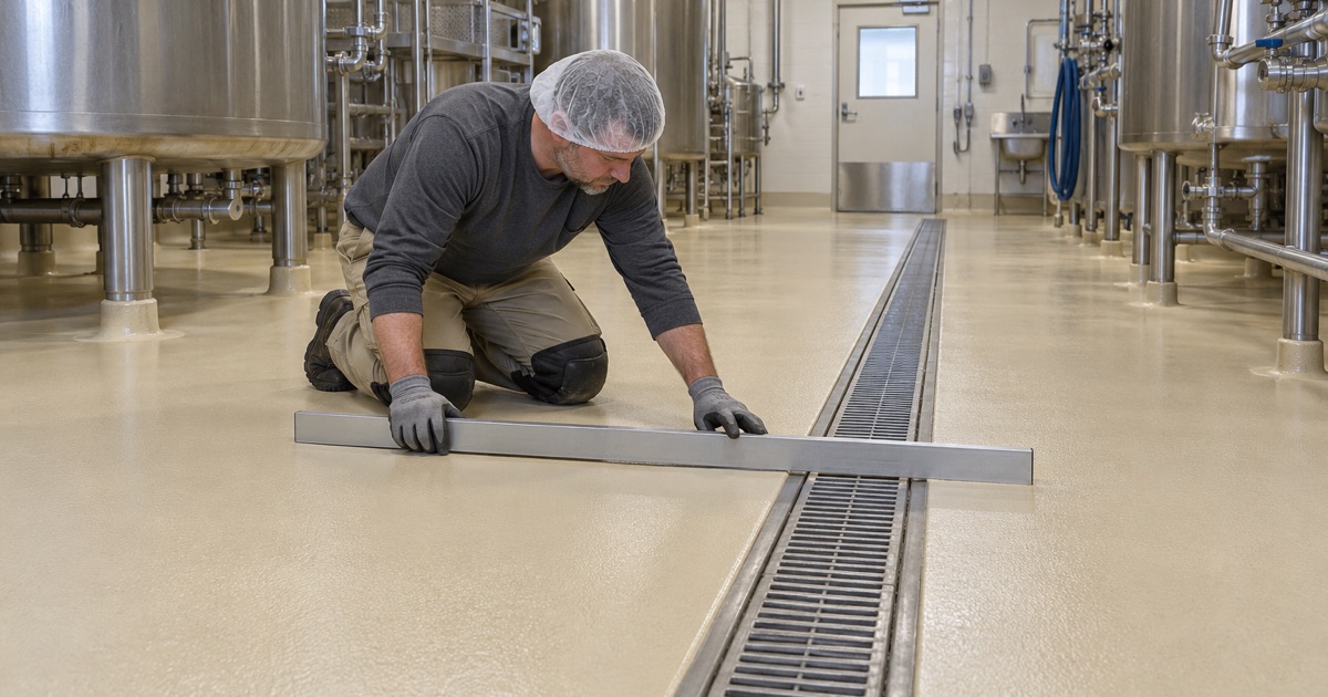 A straightedge checking the fall of a new urethane cement floor toward a trench drain in an Independence dairy processing room.