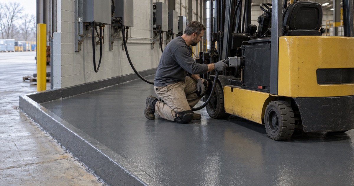 A forklift plugged in at the battery charging area of an Oelwein plant, the acid-resistant floor and its curb in view.