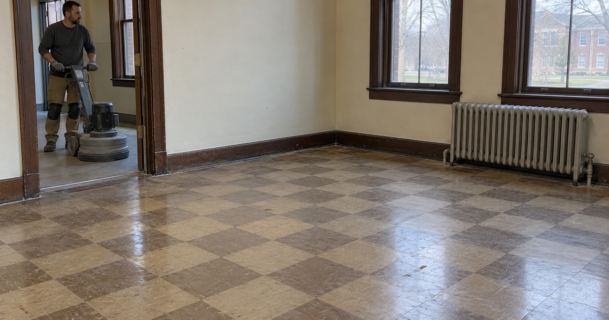 Old resilient floor tile in a former state-school classroom in Vinton, the grinder held at the doorway until the floor has been surveyed.