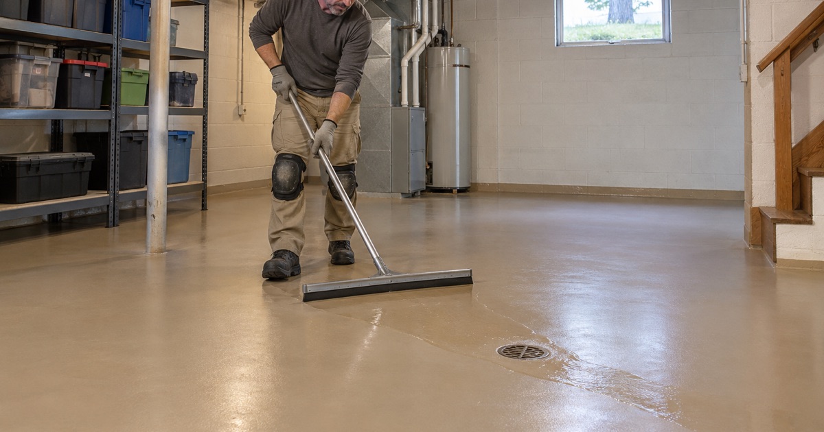 A coated lower-level floor in an older Waverly house being rinsed and squeegeed clean toward its floor drain.