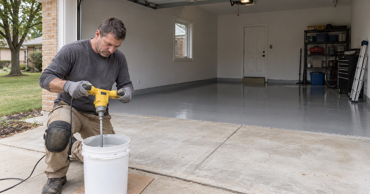 Epoxy being mixed on the apron of a Waterloo ranch house garage, the first coat already laid across the ground slab behind.