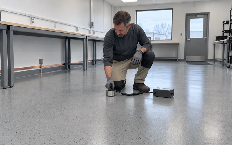A resistance test electrode set on a new static-dissipative epoxy floor in a Waterloo electronics assembly room.