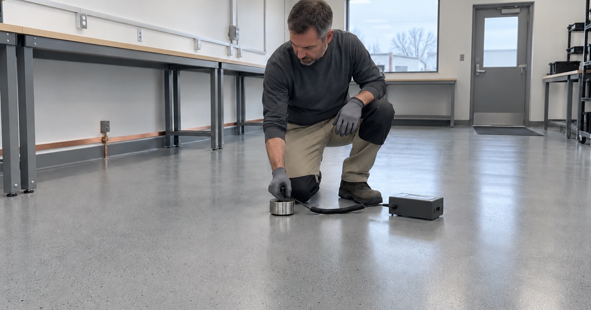 A resistance test electrode set on a new static-dissipative epoxy floor in a Waterloo electronics assembly room.