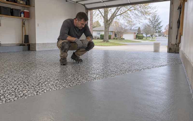 Dense gray and black flake settled on the base coat in a Waterloo garage, the worker checking coverage at the working edge.