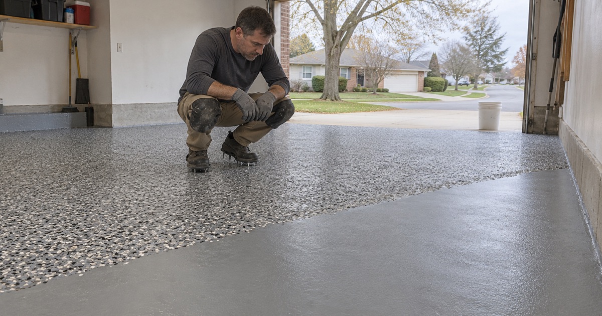 Dense gray and black flake settled on the base coat in a Waterloo garage, the worker checking coverage at the working edge.