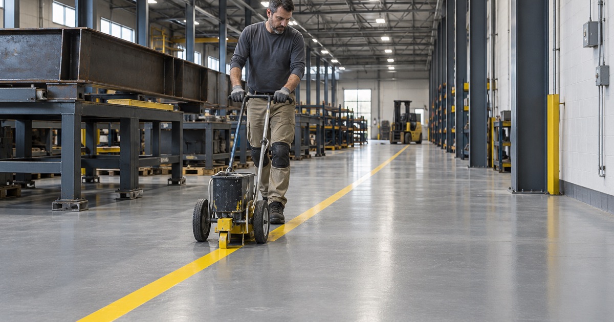 A fresh yellow aisle line being laid on a gray industrial epoxy floor in a Waterloo manufacturing plant.