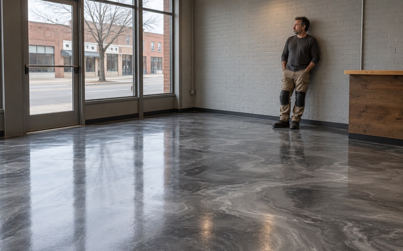 A silver and charcoal metallic epoxy floor in a Waterloo storefront, its swirled pattern catching daylight from the front windows.