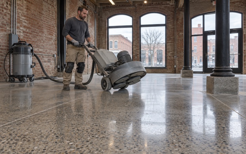 A satin polished concrete floor in an old downtown Waterloo brick building, the planetary polisher tipped back onto its wheels after the last pass.