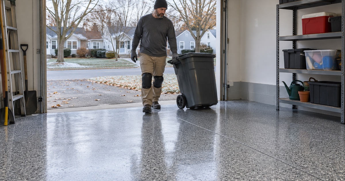A trash cart wheeled back onto a same-day polyaspartic flake floor in a Waterloo Cape Cod garage on a cold late-autumn day.